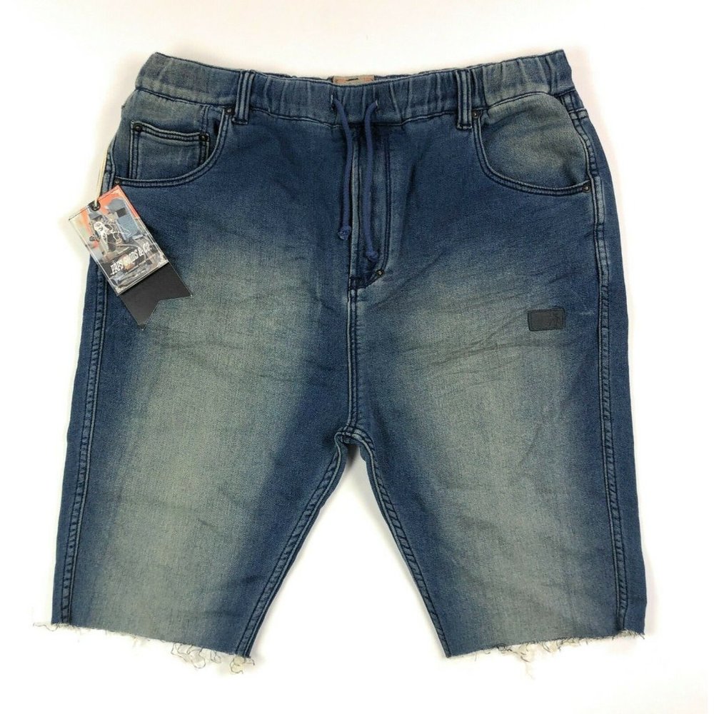 PRPS Goods Mens Large Distressed Cuf Off Denim Style Blue Sweat Shorts Athletic